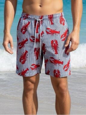 Rainforest Men's Swim Trunks Navy Blue Red White Striped Fun Lobster Print